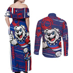 Western Bulldogs Couples Matching Off Shoulder Maxi Dress and Long Sleeve Button Shirt Mascot Cartoon Football Illustration Style