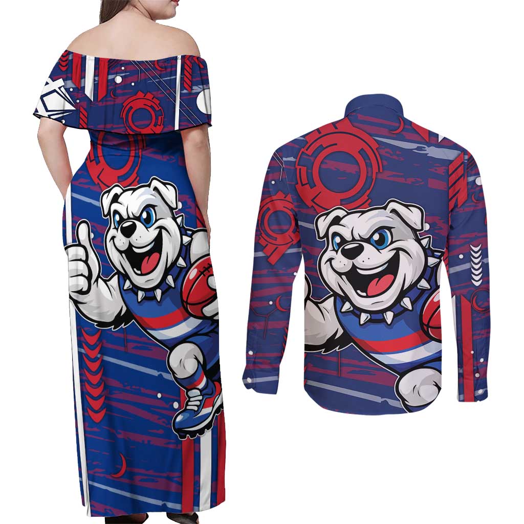 Western Bulldogs Couples Matching Off Shoulder Maxi Dress and Long Sleeve Button Shirt Mascot Cartoon Football Illustration Style