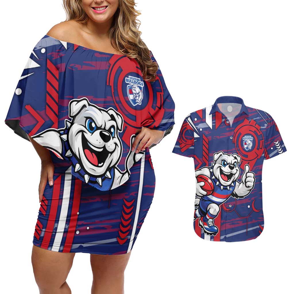 Western Bulldogs Couples Matching Off Shoulder Short Dress and Hawaiian Shirt Mascot Cartoon Football Illustration Style