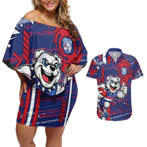 Western Bulldogs Couples Matching Off Shoulder Short Dress and Hawaiian Shirt Mascot Cartoon Football Illustration Style