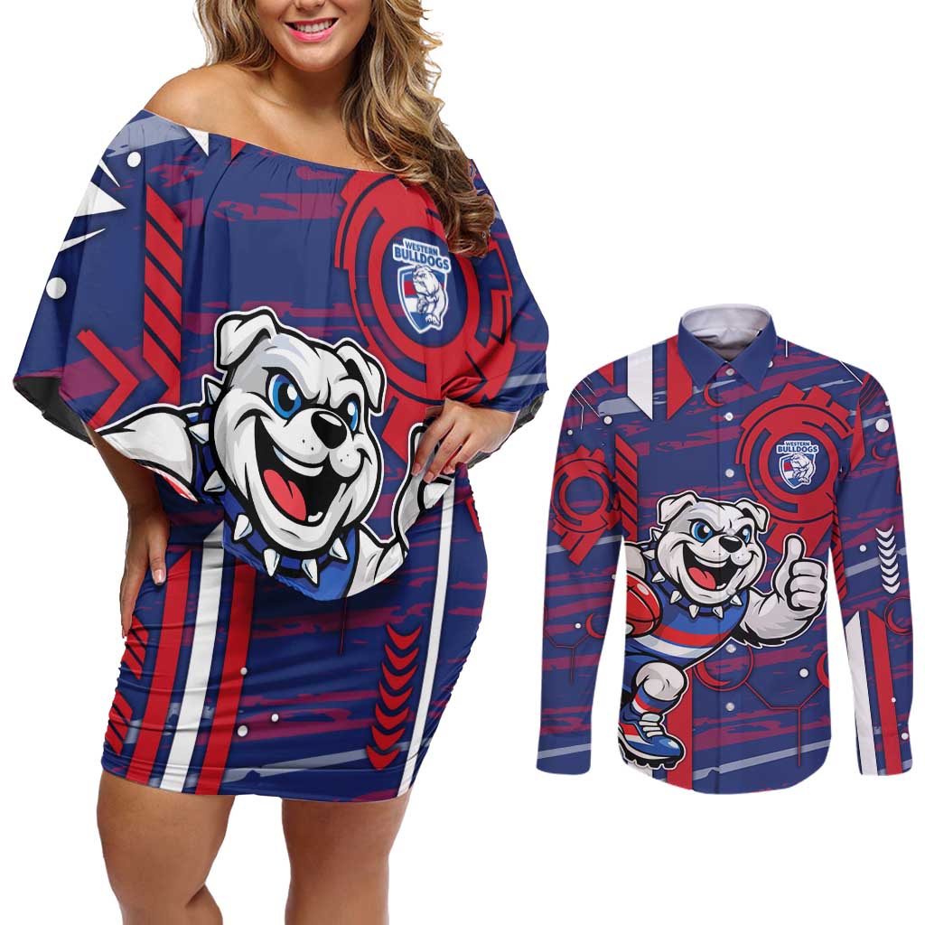 Western Bulldogs Couples Matching Off Shoulder Short Dress and Long Sleeve Button Shirt Mascot Cartoon Football Illustration Style