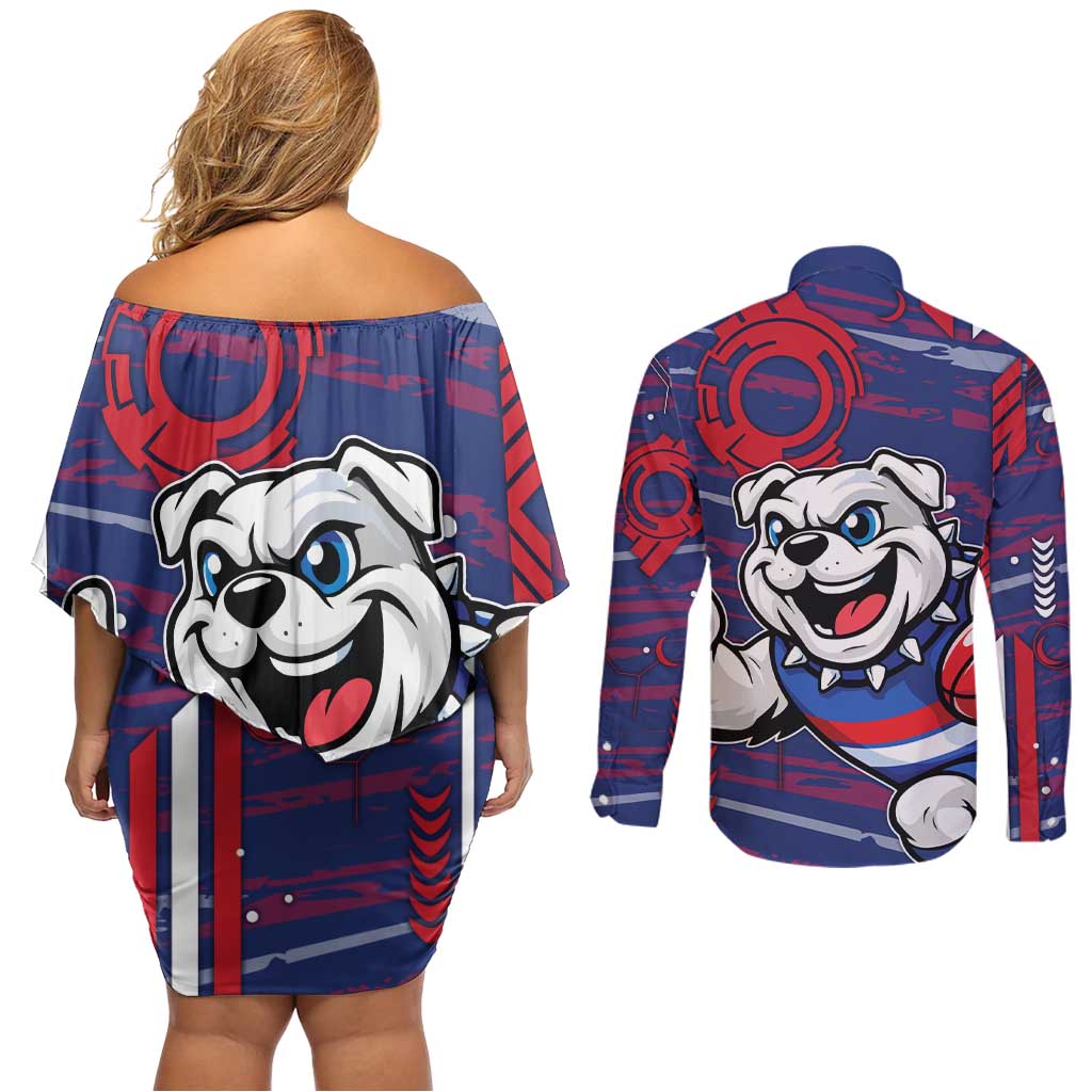 Western Bulldogs Couples Matching Off Shoulder Short Dress and Long Sleeve Button Shirt Mascot Cartoon Football Illustration Style