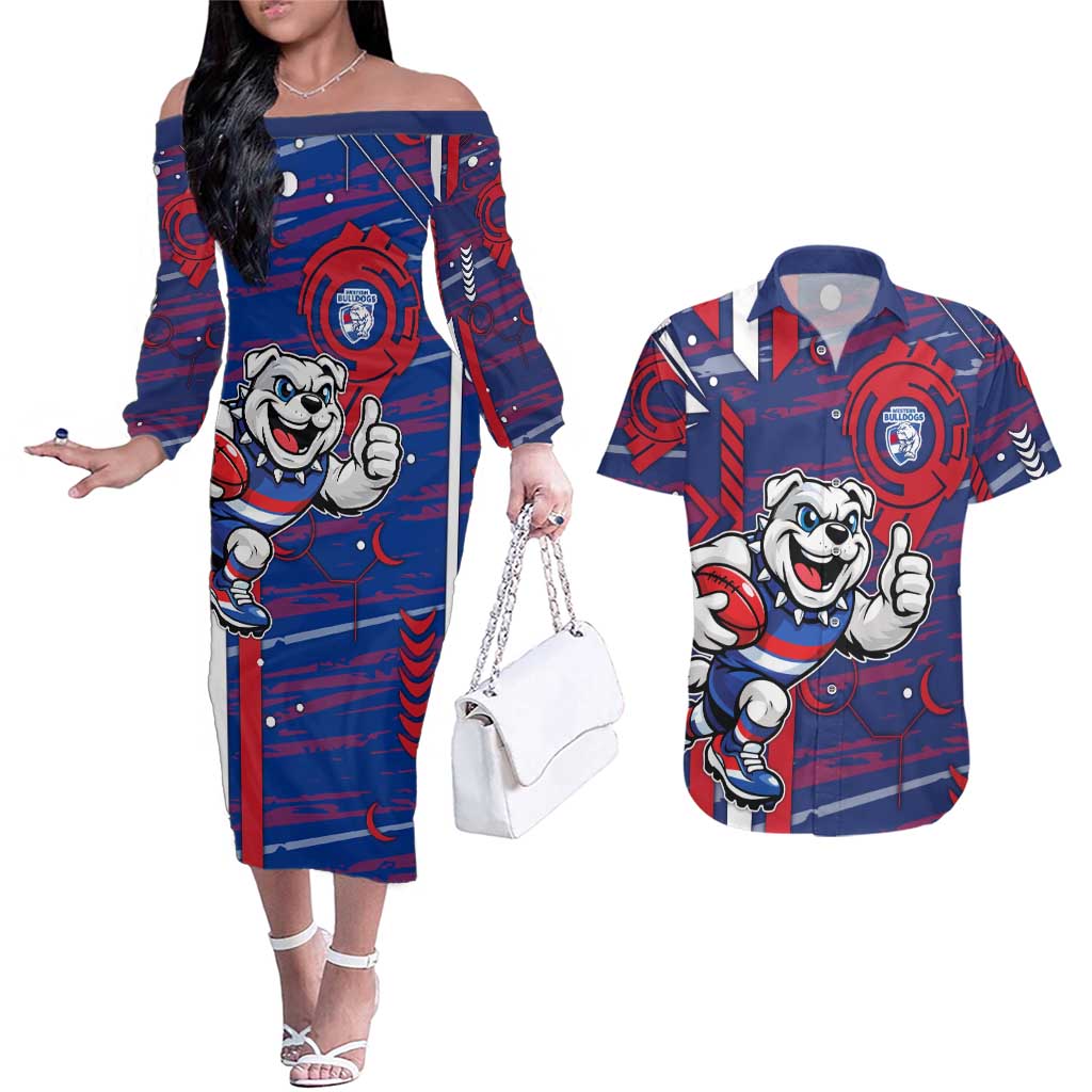 Western Bulldogs Couples Matching Off The Shoulder Long Sleeve Dress and Hawaiian Shirt Mascot Cartoon Football Illustration Style