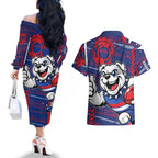 Western Bulldogs Couples Matching Off The Shoulder Long Sleeve Dress and Hawaiian Shirt Mascot Cartoon Football Illustration Style