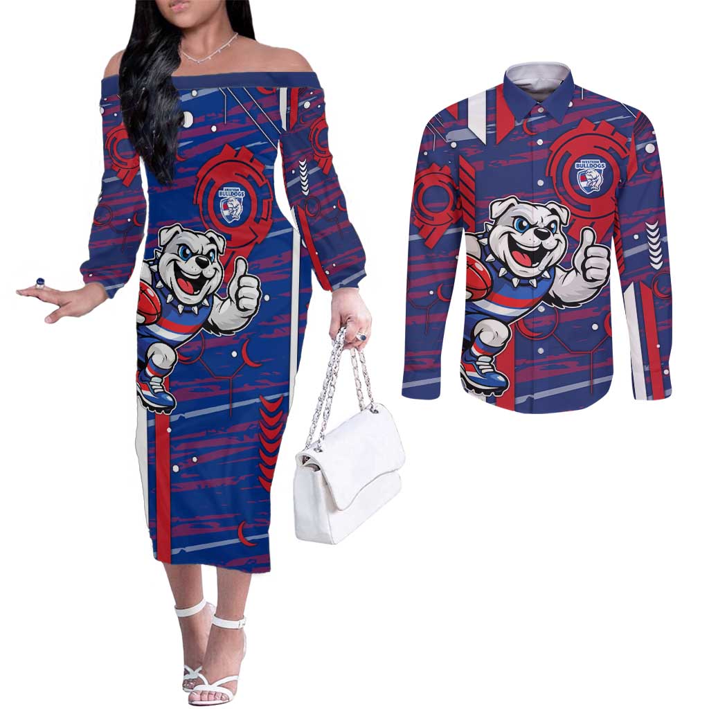 Western Bulldogs Couples Matching Off The Shoulder Long Sleeve Dress and Long Sleeve Button Shirt Mascot Cartoon Football Illustration Style