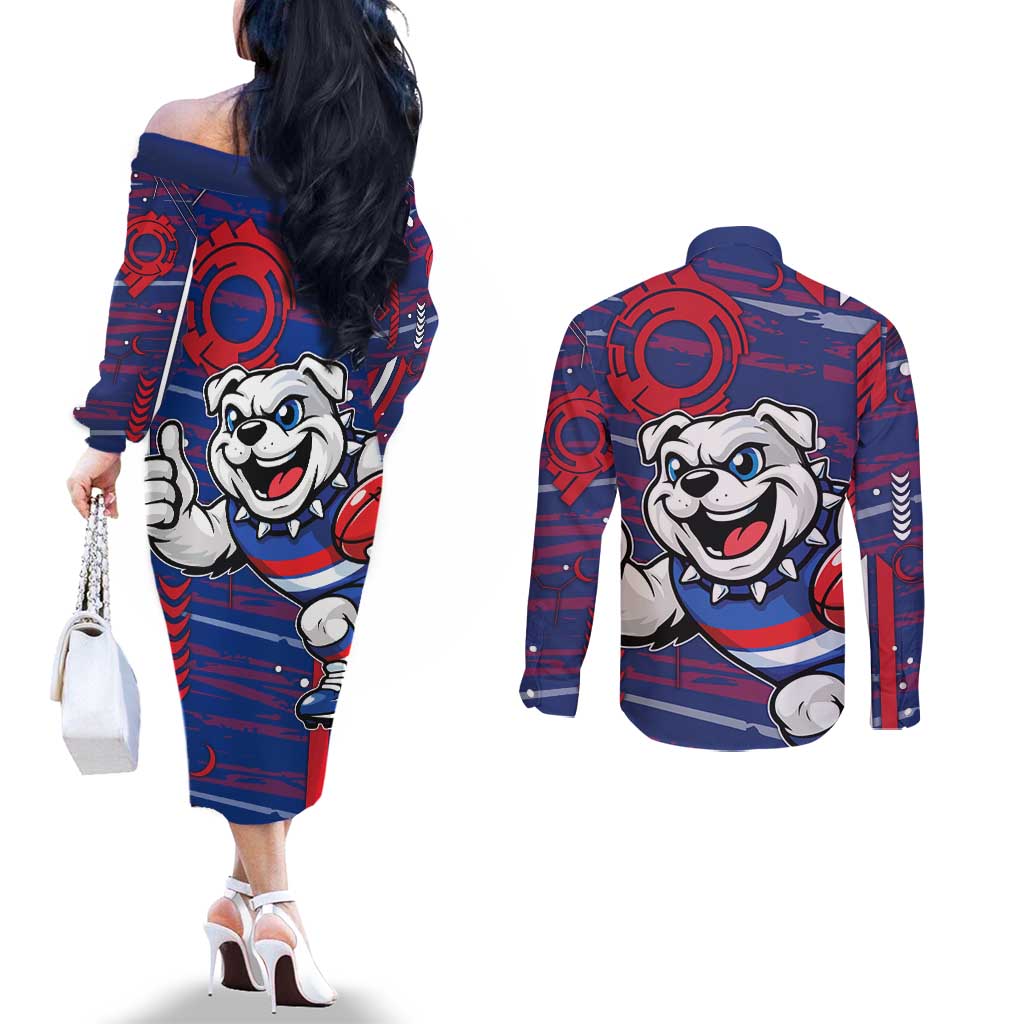 Western Bulldogs Couples Matching Off The Shoulder Long Sleeve Dress and Long Sleeve Button Shirt Mascot Cartoon Football Illustration Style