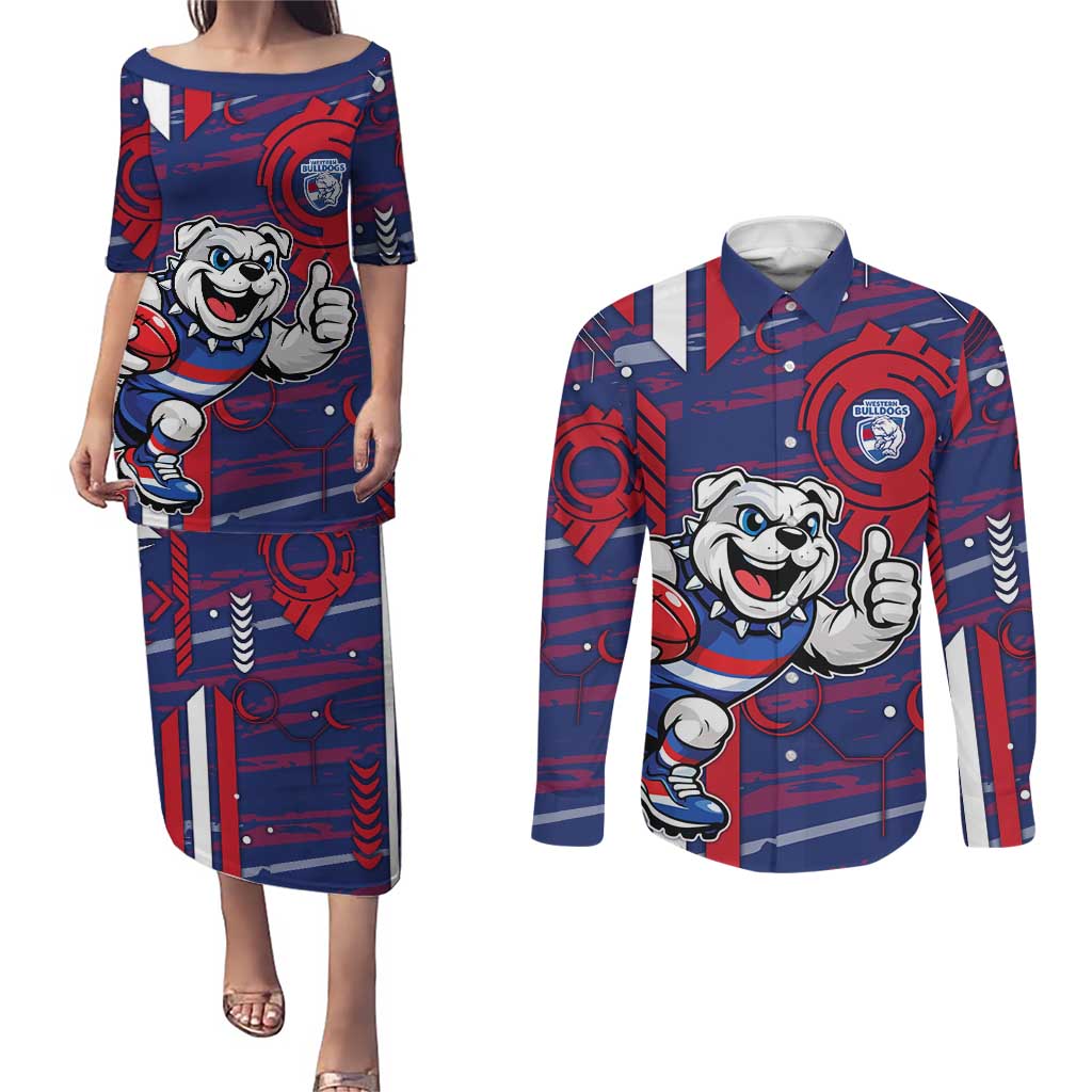 Western Bulldogs Couples Matching Puletasi and Long Sleeve Button Shirt Mascot Cartoon Football Illustration Style