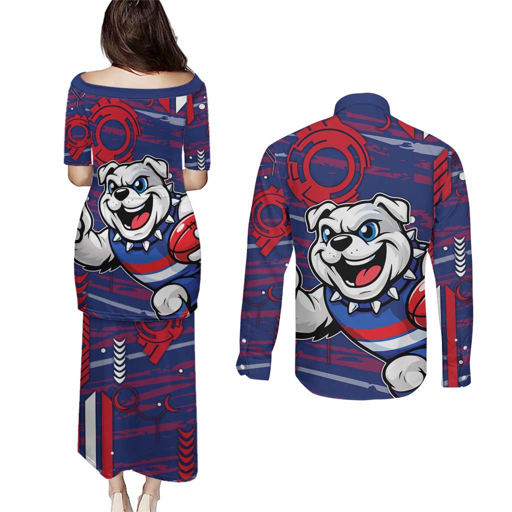 Western Bulldogs Couples Matching Puletasi and Long Sleeve Button Shirt Mascot Cartoon Football Illustration Style
