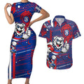 Western Bulldogs Couples Matching Short Sleeve Bodycon Dress and Hawaiian Shirt Mascot Cartoon Football Illustration Style
