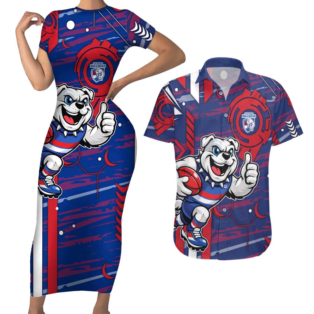 Western Bulldogs Couples Matching Short Sleeve Bodycon Dress and Hawaiian Shirt Mascot Cartoon Football Illustration Style