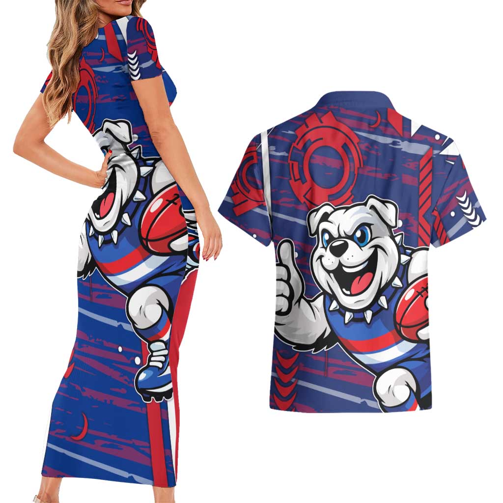 Western Bulldogs Couples Matching Short Sleeve Bodycon Dress and Hawaiian Shirt Mascot Cartoon Football Illustration Style
