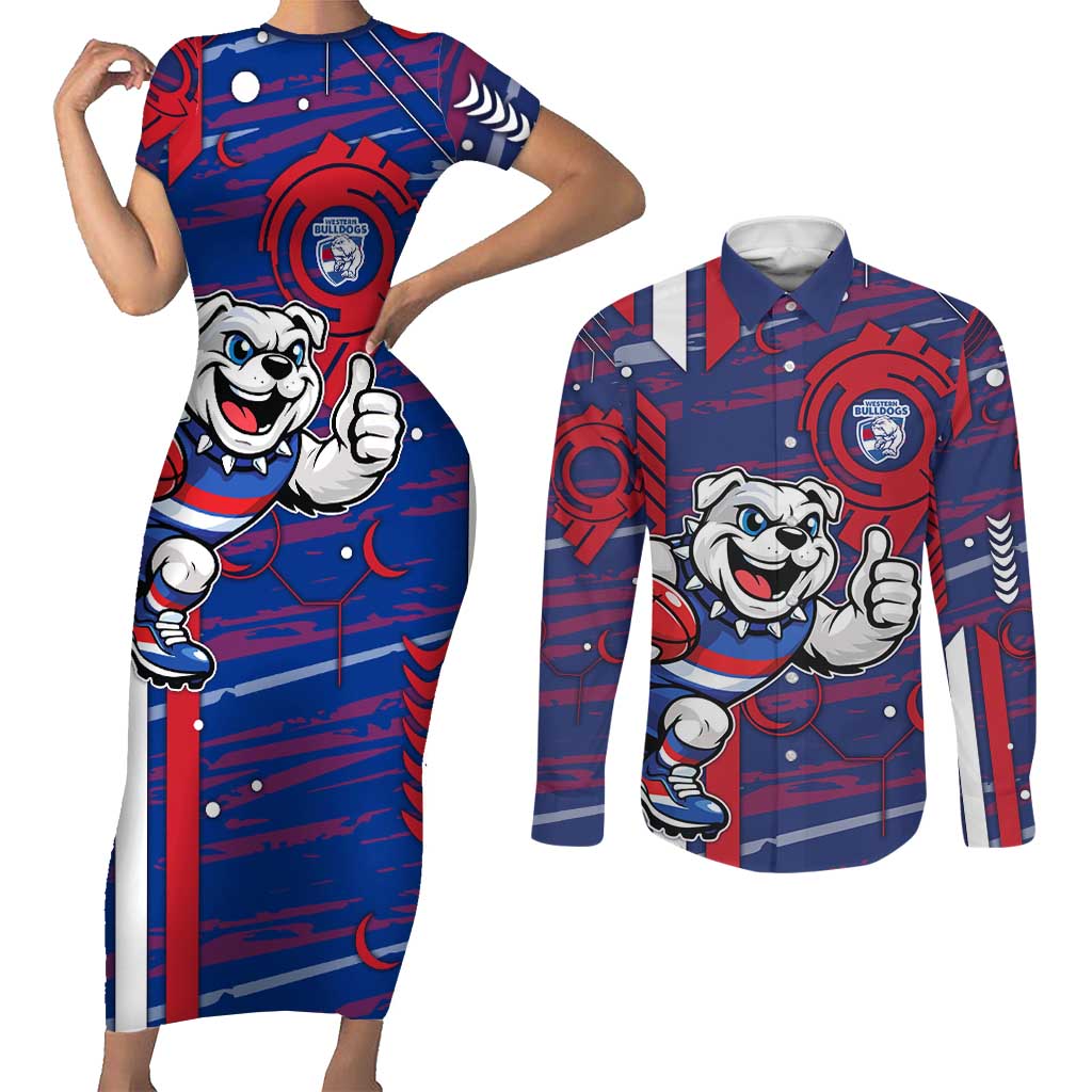 Western Bulldogs Couples Matching Short Sleeve Bodycon Dress and Long Sleeve Button Shirt Mascot Cartoon Football Illustration Style