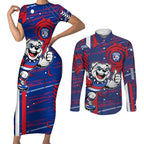Western Bulldogs Couples Matching Short Sleeve Bodycon Dress and Long Sleeve Button Shirt Mascot Cartoon Football Illustration Style