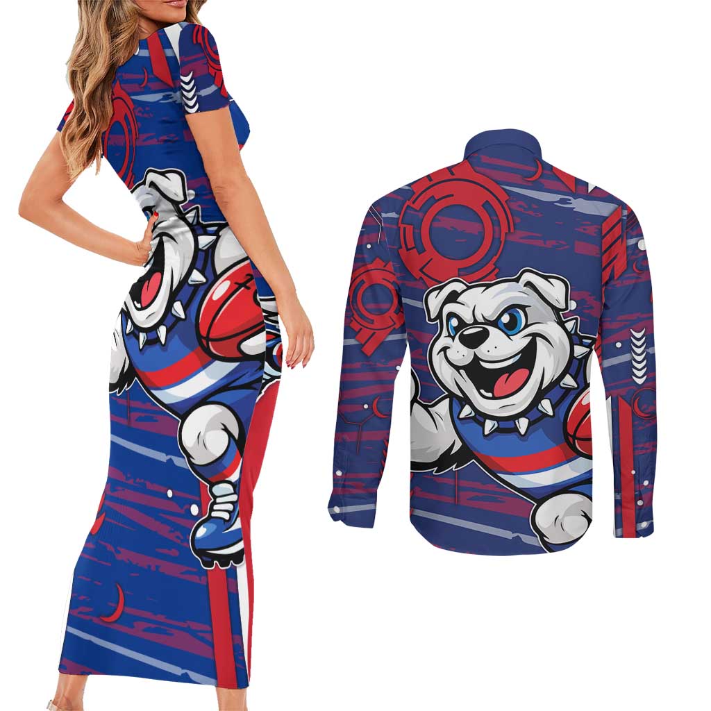 Western Bulldogs Couples Matching Short Sleeve Bodycon Dress and Long Sleeve Button Shirt Mascot Cartoon Football Illustration Style