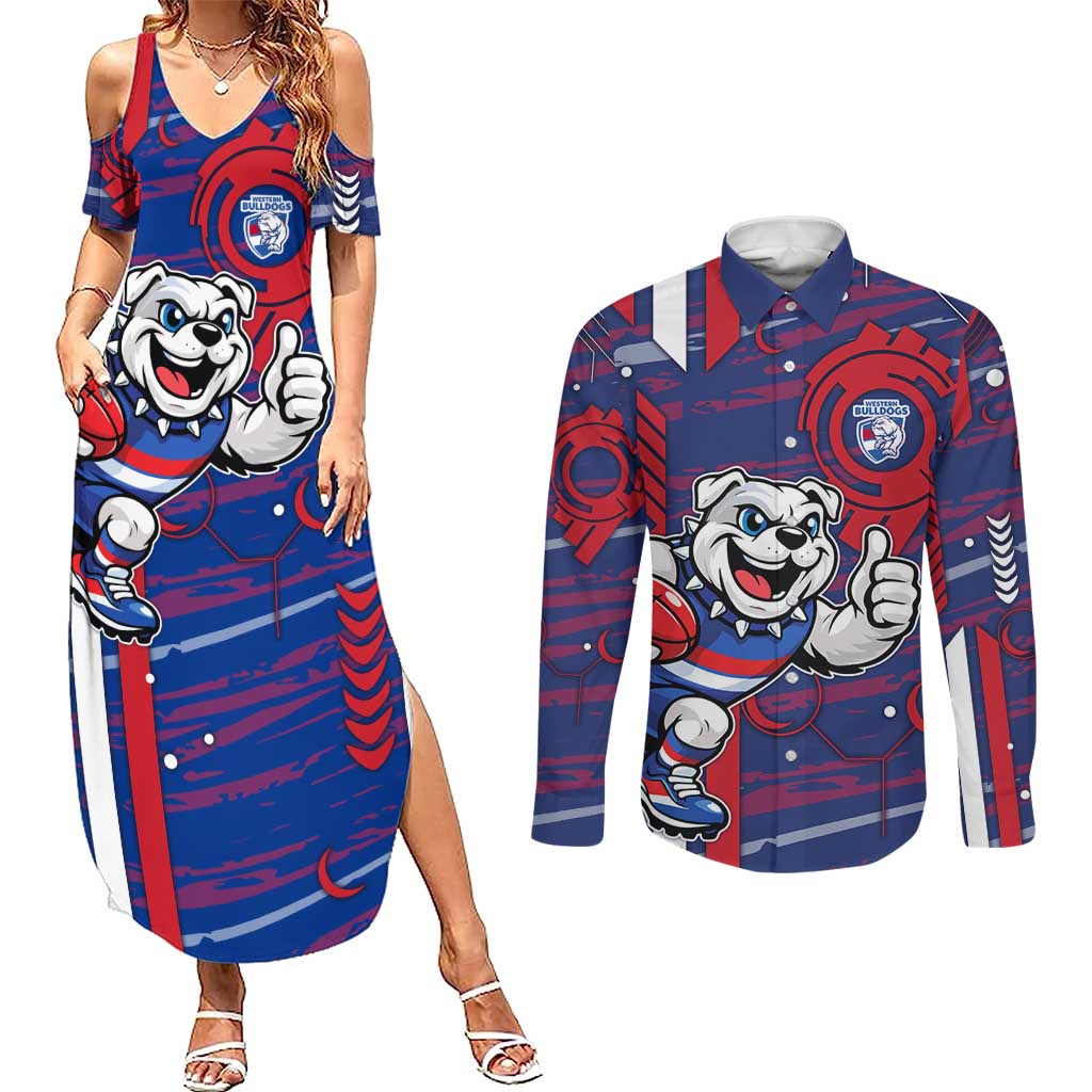 Western Bulldogs Couples Matching Summer Maxi Dress and Long Sleeve Button Shirt Mascot Cartoon Football Illustration Style
