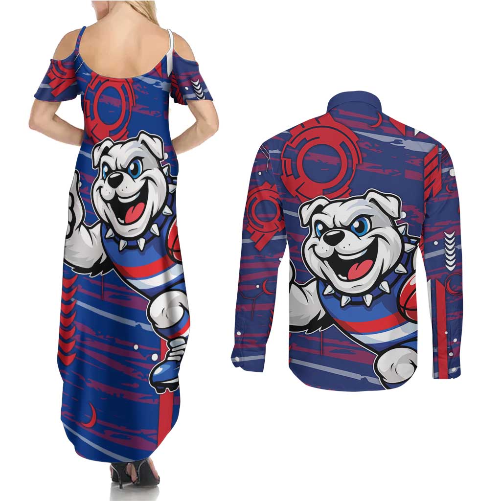 Western Bulldogs Couples Matching Summer Maxi Dress and Long Sleeve Button Shirt Mascot Cartoon Football Illustration Style