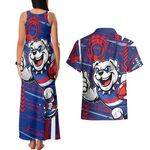 Western Bulldogs Couples Matching Tank Maxi Dress and Hawaiian Shirt Mascot Cartoon Football Illustration Style