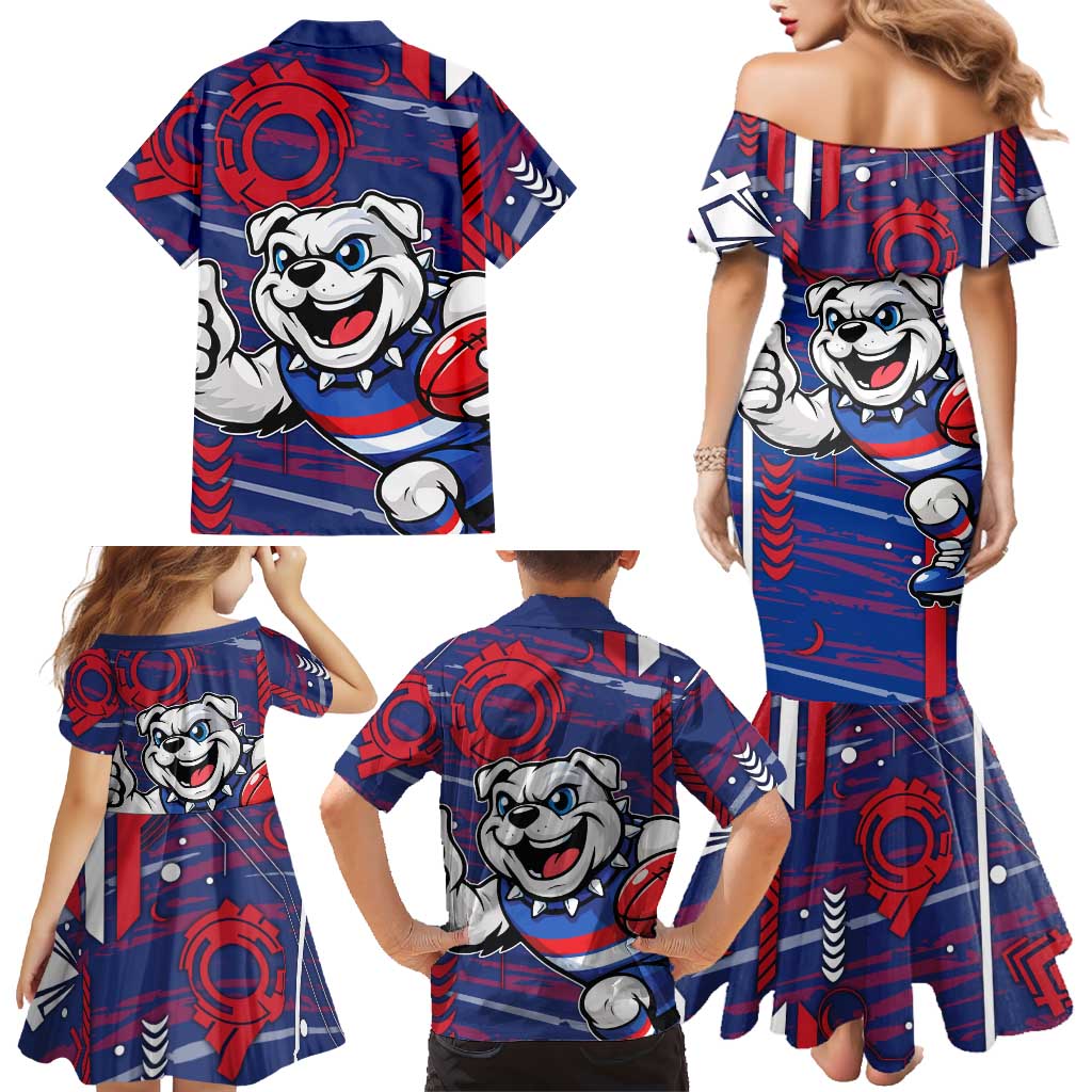 Western Bulldogs Family Matching Mermaid Dress and Hawaiian Shirt Mascot Cartoon Football Illustration Style