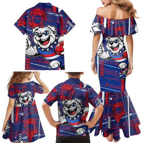 Western Bulldogs Family Matching Mermaid Dress and Hawaiian Shirt Mascot Cartoon Football Illustration Style