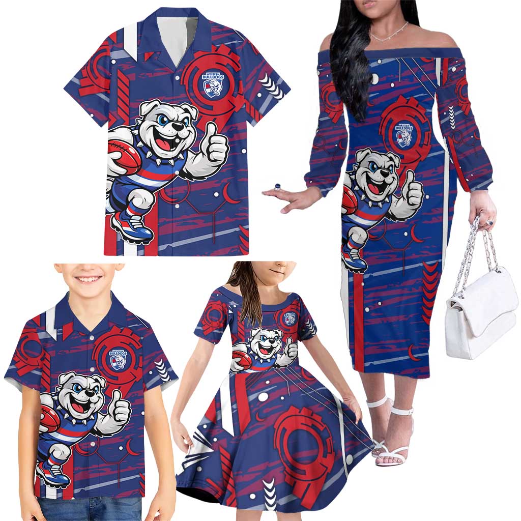 Western Bulldogs Family Matching Off The Shoulder Long Sleeve Dress and Hawaiian Shirt Mascot Cartoon Football Illustration Style