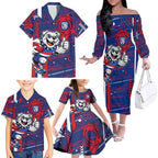 Western Bulldogs Family Matching Off The Shoulder Long Sleeve Dress and Hawaiian Shirt Mascot Cartoon Football Illustration Style