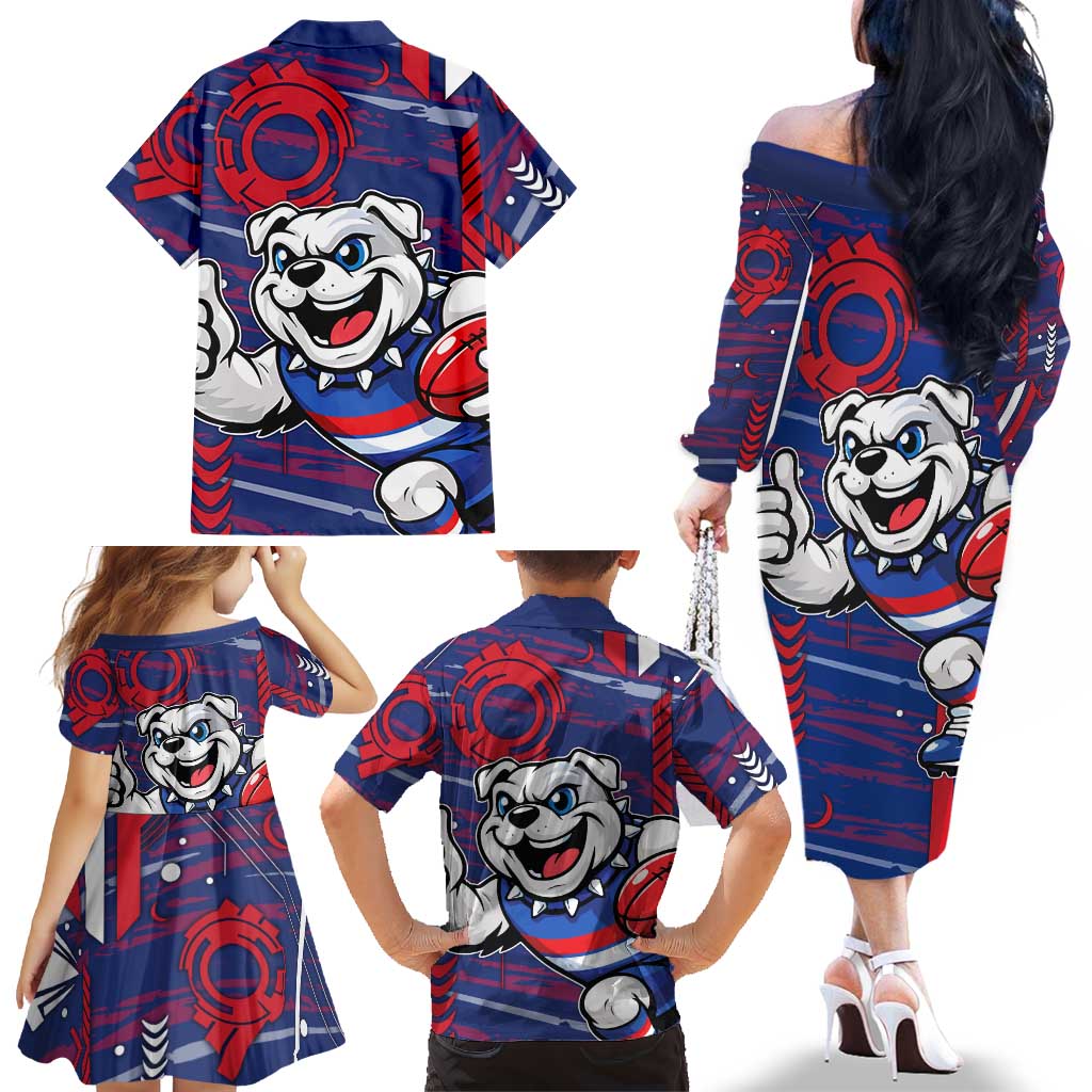 Western Bulldogs Family Matching Off The Shoulder Long Sleeve Dress and Hawaiian Shirt Mascot Cartoon Football Illustration Style