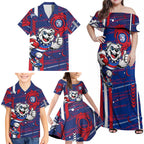 Western Bulldogs Family Matching Off Shoulder Maxi Dress and Hawaiian Shirt Mascot Cartoon Football Illustration Style