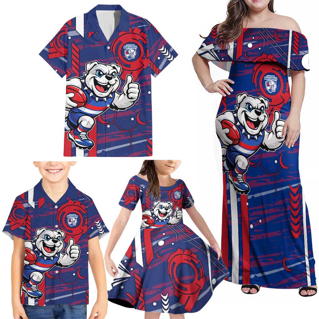 Western Bulldogs Family Matching Off Shoulder Maxi Dress and Hawaiian Shirt Mascot Cartoon Football Illustration Style