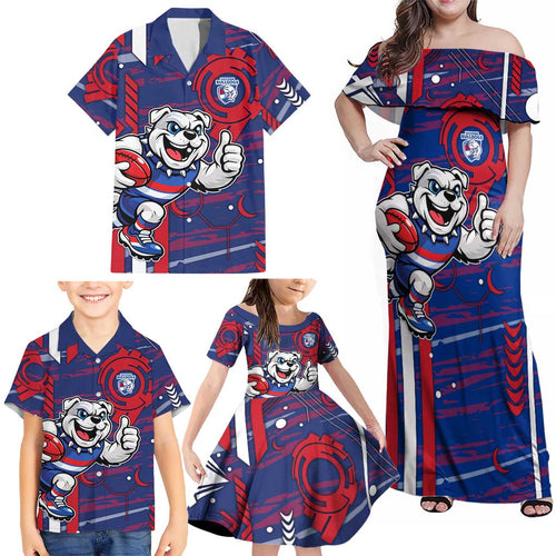 Western Bulldogs Family Matching Off Shoulder Maxi Dress and Hawaiian Shirt Mascot Cartoon Football Illustration Style