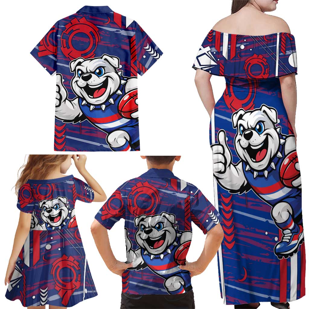 Western Bulldogs Family Matching Off Shoulder Maxi Dress and Hawaiian Shirt Mascot Cartoon Football Illustration Style
