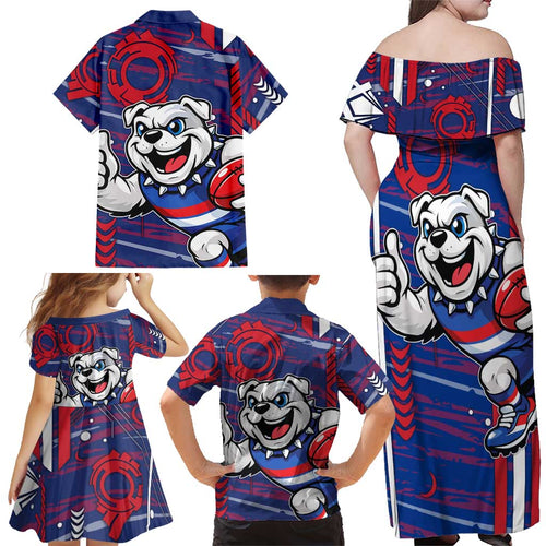 Western Bulldogs Family Matching Off Shoulder Maxi Dress and Hawaiian Shirt Mascot Cartoon Football Illustration Style