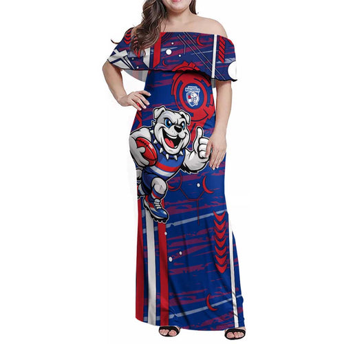 Western Bulldogs Family Matching Off Shoulder Maxi Dress and Hawaiian Shirt Mascot Cartoon Football Illustration Style