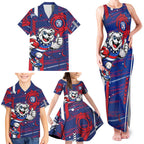 Western Bulldogs Family Matching Tank Maxi Dress and Hawaiian Shirt Mascot Cartoon Football Illustration Style