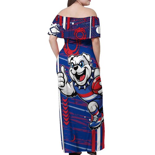 Western Bulldogs Off Shoulder Maxi Dress Mascot Cartoon Football Illustration Style