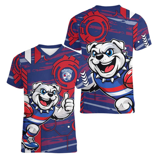 Western Bulldogs Women V-Neck T-Shirt Mascot Cartoon Football Illustration Style