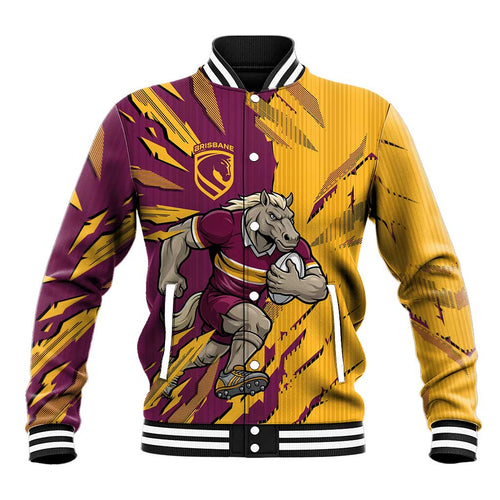 Personalized Brisbane Broncos Baseball Jacket Dynamic Lightning Mascot Rugby Australia