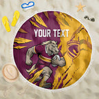 Personalized Brisbane Broncos Beach Blanket Dynamic Lightning Mascot Rugby Australia