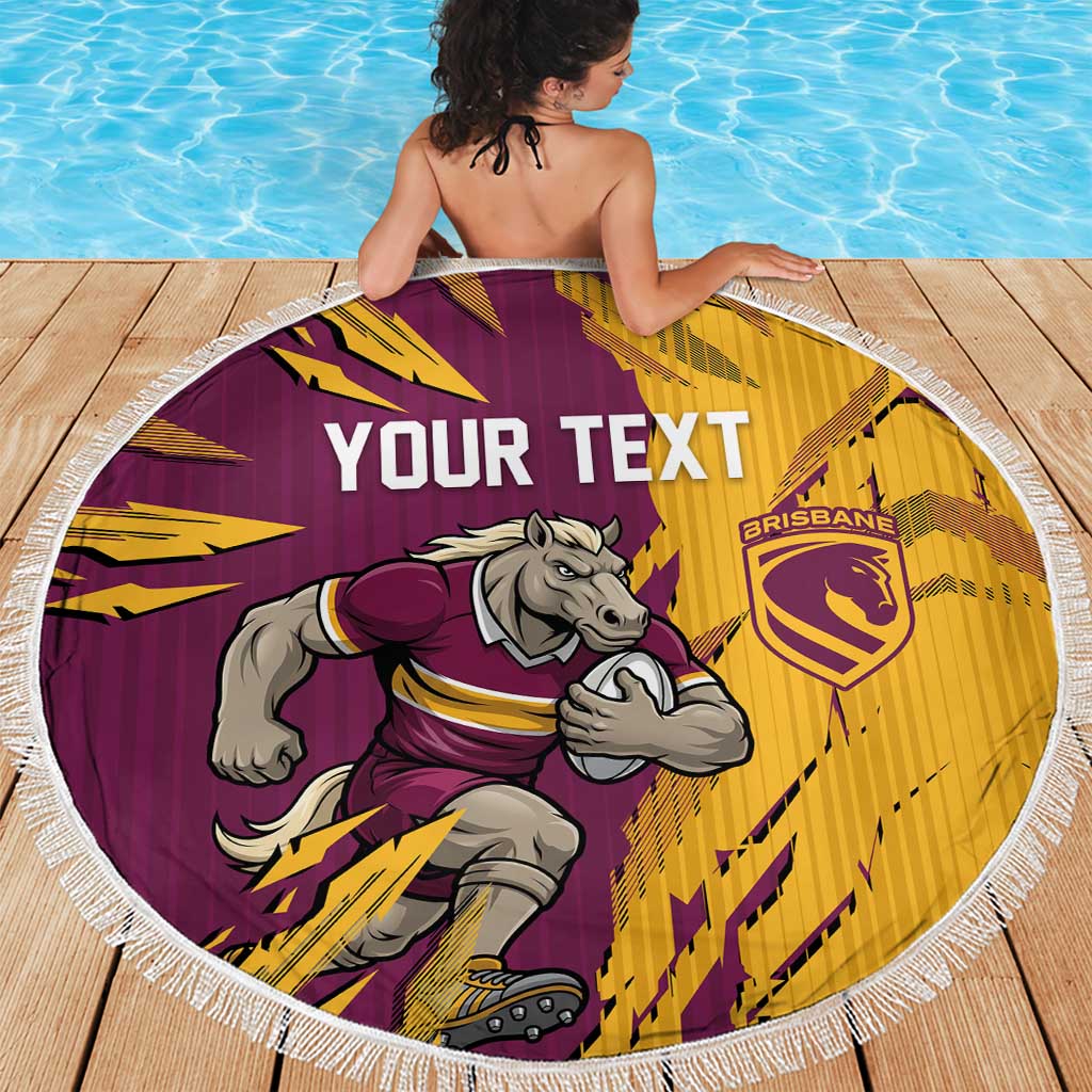 Personalized Brisbane Broncos Beach Blanket Dynamic Lightning Mascot Rugby Australia