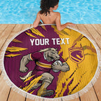 Personalized Brisbane Broncos Beach Blanket Dynamic Lightning Mascot Rugby Australia