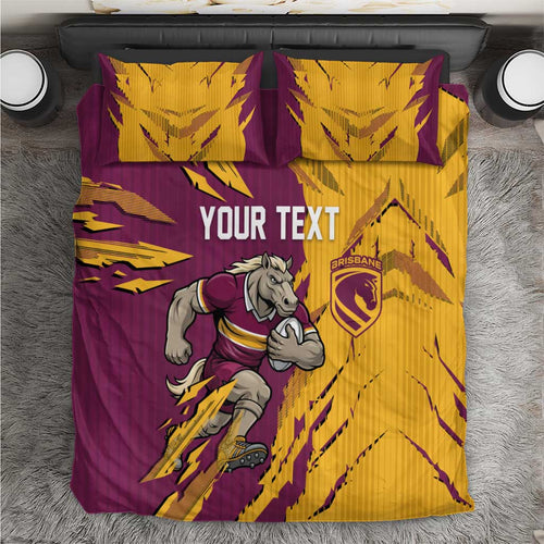 Personalized Brisbane Broncos Bedding Set Dynamic Lightning Mascot Rugby Australia