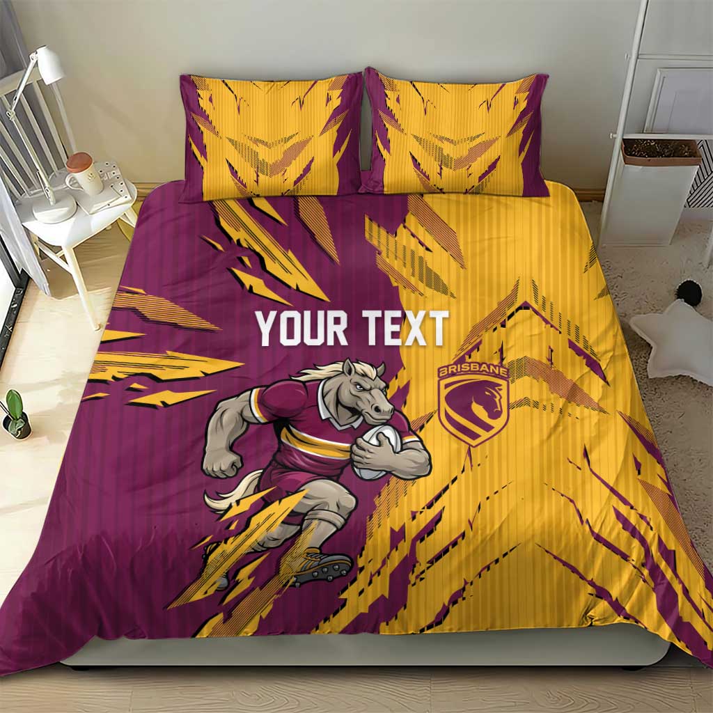 Personalized Brisbane Broncos Bedding Set Dynamic Lightning Mascot Rugby Australia
