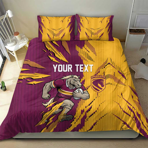 Personalized Brisbane Broncos Bedding Set Dynamic Lightning Mascot Rugby Australia