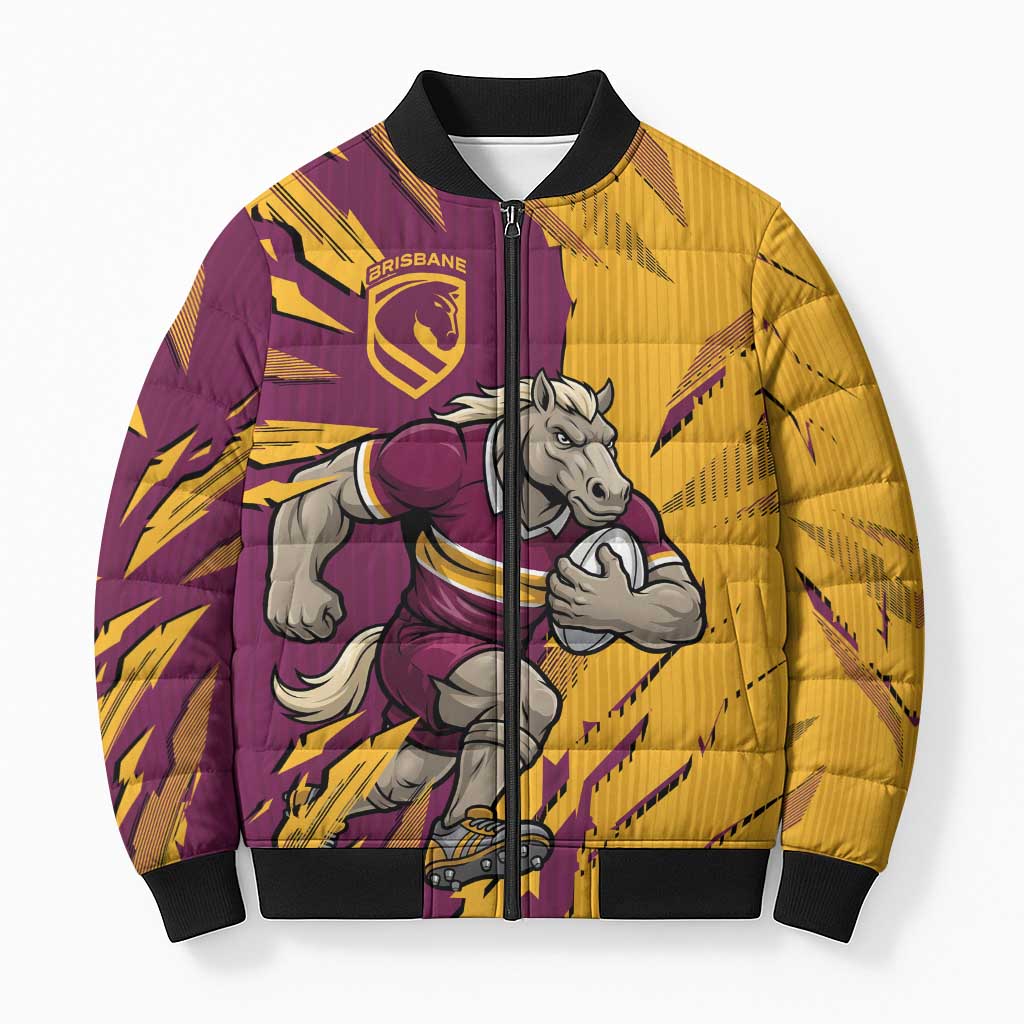 Personalized Brisbane Broncos Bomber Puffer Jacket Dynamic Lightning Mascot Rugby Australia