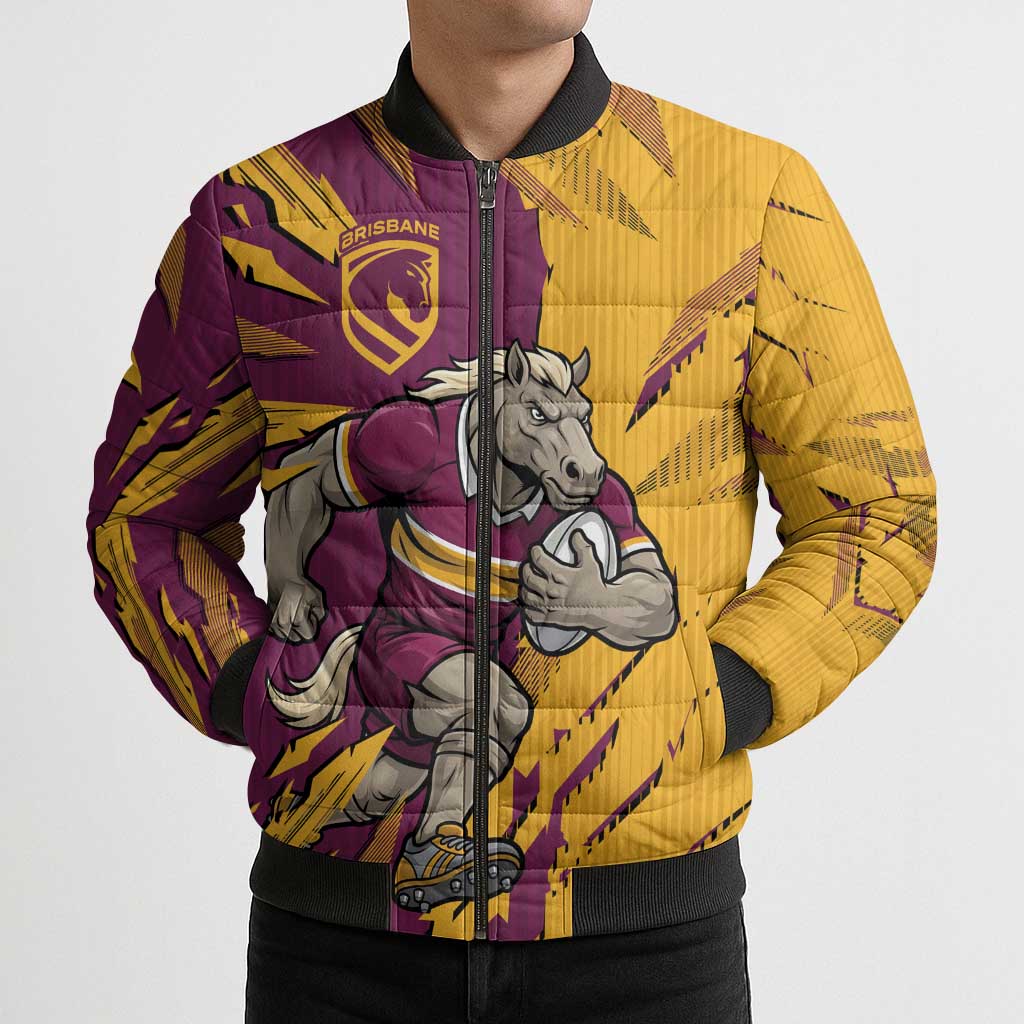 Personalized Brisbane Broncos Bomber Puffer Jacket Dynamic Lightning Mascot Rugby Australia