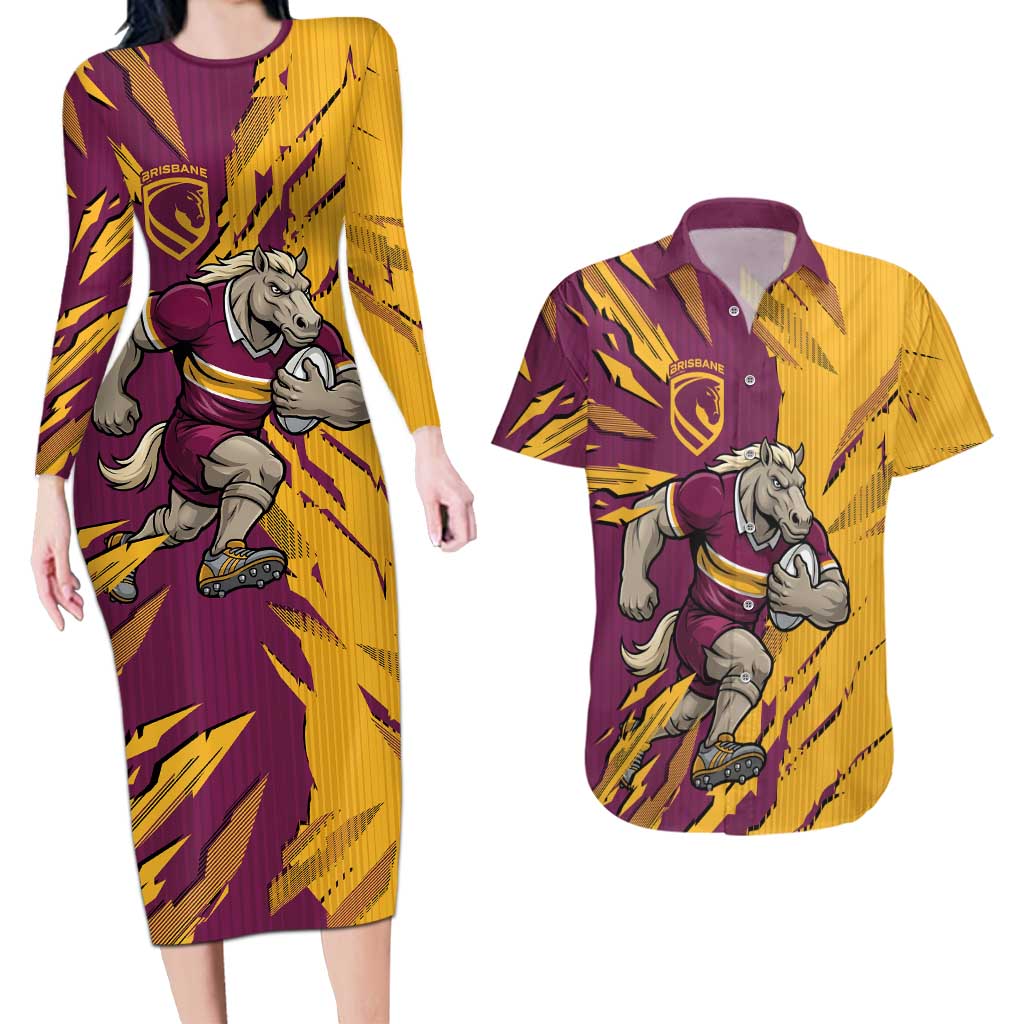 Personalized Brisbane Broncos Couples Matching Long Sleeve Bodycon Dress and Hawaiian Shirt Dynamic Lightning Mascot Rugby Australia