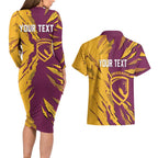 Personalized Brisbane Broncos Couples Matching Long Sleeve Bodycon Dress and Hawaiian Shirt Dynamic Lightning Mascot Rugby Australia