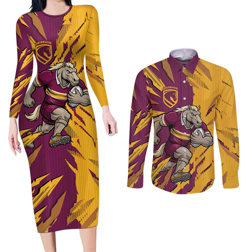 Personalized Brisbane Broncos Couples Matching Long Sleeve Bodycon Dress and Long Sleeve Button Shirt Dynamic Lightning Mascot Rugby Australia