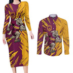 Personalized Brisbane Broncos Couples Matching Long Sleeve Bodycon Dress and Long Sleeve Button Shirt Dynamic Lightning Mascot Rugby Australia