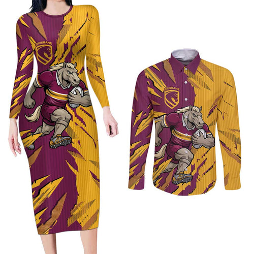 Personalized Brisbane Broncos Couples Matching Long Sleeve Bodycon Dress and Long Sleeve Button Shirt Dynamic Lightning Mascot Rugby Australia