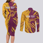Personalized Brisbane Broncos Couples Matching Long Sleeve Bodycon Dress and Long Sleeve Button Shirt Dynamic Lightning Mascot Rugby Australia